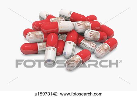 Stock Image - Pills decorated with euro notes. Fotosearch
