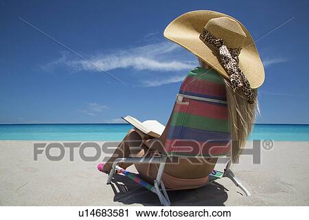Stock Image - Woman relaxing in lawn chair on beach. Fotosearch