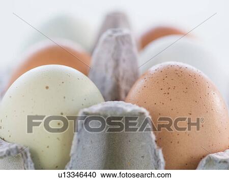 Stock Image - Close-up of eggs in carton. Fotosearch
