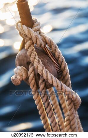 Stock Image - Coiled ropes on yacht deck. Fotosearch