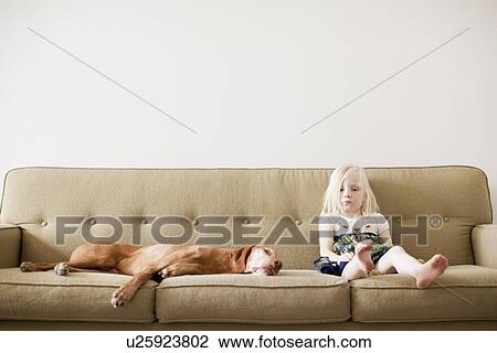 Girl (4-5 years) on couch with dog View Large Photo Image Stock Image - Girl (4-5 years) on couch with dog. Fotosearch