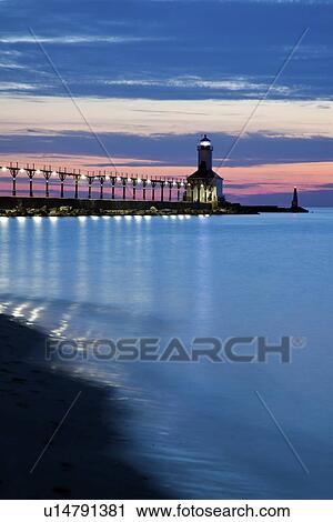 Michigan City Lighthouse at sunset View Large Photo Image Stock Image - Michigan City Lighthouse at sunset. Fotosearch