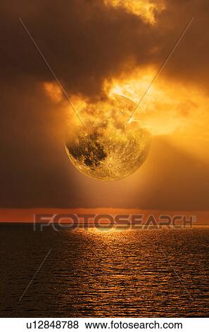 Moon and clouds at sunset over sea View Large Photo Image Stock Photo - Moon and clouds at sunset over sea. Fotosearch