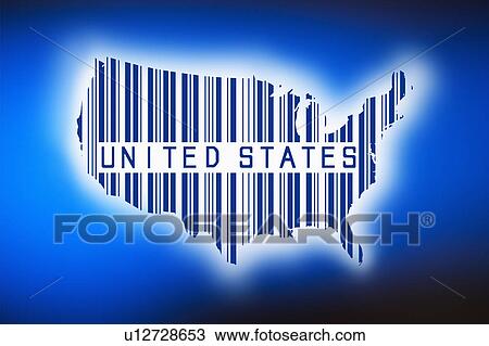 Stock Image - Outline of united states with barcode, studio shot. Fotosearch
