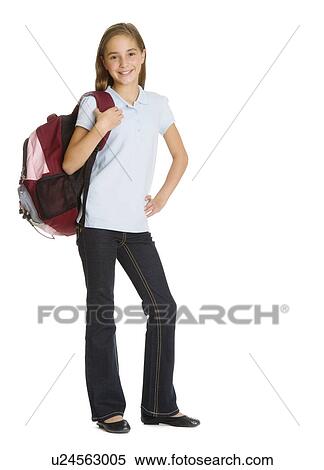Portrait of schoolgirl (10-11) with backpack, studio shot View Large Photo Image Stock Photography - Portrait of schoolgirl (10-11) with backpack, studio shot. Fotosearch