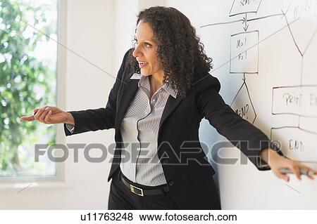 Portrait of woman standing next to whiteboard View Large Photo Image Stock Photo - Portrait of woman standing next to whiteboard. Fotosearch