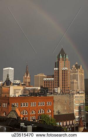 Rainbow over downtown Milwaukee View Large Photo Image Stock Image - Rainbow over downtown Milwaukee. Fotosearch