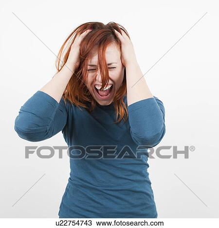 Studio shot, Portrait of woman holding her head and screaming View Large Photo Image Stock Image - Studio shot, Portrait of woman holding her head and screaming. Fotosearch