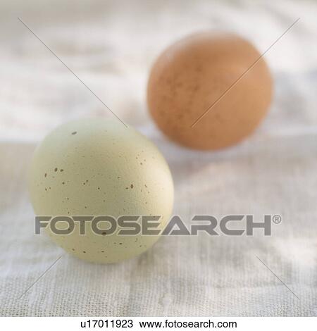 Stock Image - Two eggs on tablecloth. Fotosearch