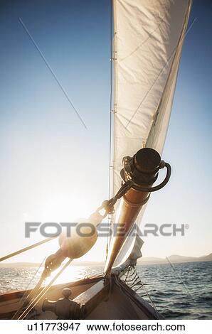View of sea with yacht bow and sail in foreground View Large Photo Image Stock Photo - View of sea with yacht bow and sail in foreground. Fotosearch