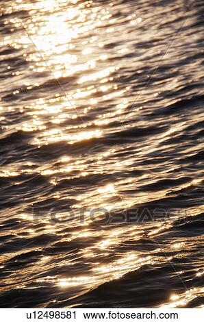 Stock Image - Water ripples reflecting golden sunset light. Fotosearch