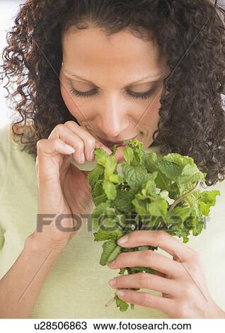 Stock Image - Woman smelling fresh mint. Fotosearch