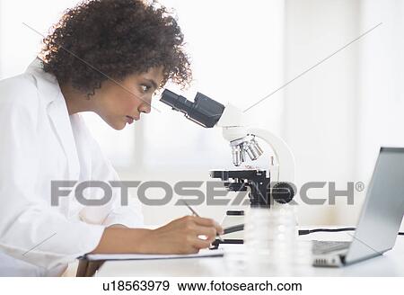 Woman using microscope in laboratory View Large Photo Image Stock Photo - Woman using microscope in laboratory. Fotosearch