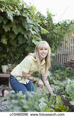 Stock Photograph - Woman working in garden. Fotosearch