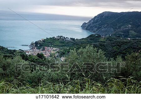 Stock Image - Beach and coastline at Monterosso al Mare: aerial view, tranquil evening, Cinque Terre. Liguria, Italy. Fotosearch