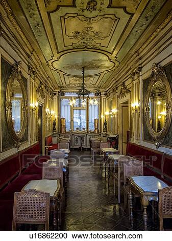 Cafe Florian Interior View With Ornate Stucco Ceiling Decoration