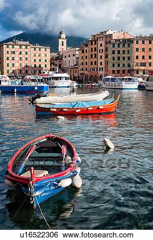 Camogli: fishing boats and motor launches in harbour with church tower and brightly painted apartment buildings behind, late afternoon sunlight, Liguria, Italy View Large Photo Image Stock Photograph - Camogli: fishing boats and motor launches in harbour with church tower and brightly painted apartment buildings behind, late afternoon sunlight, Liguria, Italy. Fotosearch