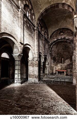 Church complex of Santo Stefano: Romanesque church of San Vitale e Agricola with plain brick walls and arched central nave, desaturated image, Bologna, Italy View Large Photo Image Stock Photo - Church complex of Santo Stefano: Romanesque church of San Vitale e Agricola with plain brick walls and arched central nave, desaturated image, Bologna, Italy. Fotosearch