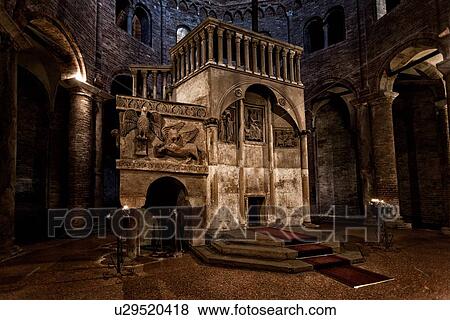 Stock Photo - Church complex of Santo Stefano: dodecagonal church and central pulpit of Romanesque San Sepolcro, Bologna, Italy. Fotosearch