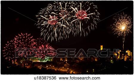 Fireworks in the night sky over medieval hilltop town of MonteCastello di Vibio, Umbria, Italy View Large Photo Image Stock Photograph - Fireworks in the night sky over medieval hilltop town of MonteCastello di Vibio, Umbria, Italy. Fotosearch