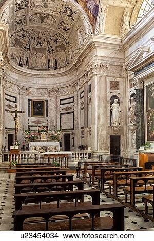 Genoa Centro Storico: Church of San Pietro in Bianchi view of central nave leading to altar and monochrome apse with bas relief figures, ornate decoration, Genova, Italy View Large Photo Image Picture - Genoa Centro Storico: Church of San Pietro in Bianchi view of central nave leading to altar and monochrome apse with bas relief figures, ornate decoration, Genova, Italy. Fotosearch