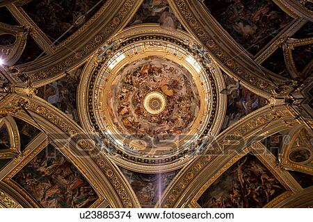 Picture - Genoa Centro Storico: Duomo of San Lorenzo interior richly frescoed ceiling and cupola detail, Genova, Italy. Fotosearch