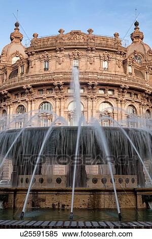 Genoa Piazza Ferrari at sunset: central fountain with motion blur, Baroque buildings, Palazzo della Borsa, with elaborate carved facades behind, Genova, Italy View Large Photo Image Stock Photography - Genoa Piazza Ferrari at sunset: central fountain with motion blur, Baroque buildings, Palazzo della Borsa, with elaborate carved facades behind, Genova, Italy. Fotosearch