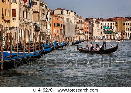 Grand Canal: gondolier rowing passengers in foreground, ornately decorated palazzi, gondolas moored, late afternoon golden light, Venice, Italy View Large Photo Image Stock Image - Grand Canal: gondolier rowing passengers in foreground, ornately decorated palazzi, gondolas moored, late afternoon golden light, Venice, Italy. Fotosearch