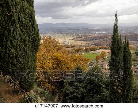 Tiber valley in autumn with Tiber river curving through ploughed fields in late afternoon sun, foliage changing to yellow and brown, framed by green cypress trees in foreground, Umbria, Italy View Large Photo Image Stock Photo - Tiber valley in autumn with Tiber river curving through ploughed fields in late afternoon sun, foliage changing to yellow and brown, framed by green cypress trees in foreground, Umbria, Italy. Fotosearch
