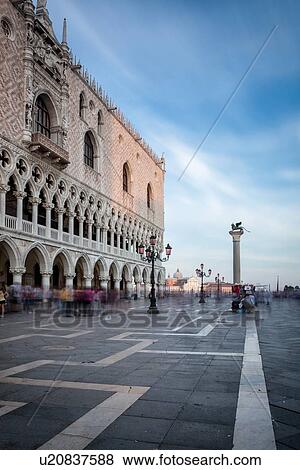 View of the Piazzetta at sunset, with motion blur of people outside Doge's Palace, Venice, Italy View Large Photo Image Stock Photo - View of the Piazzetta at sunset, with motion blur of people outside Doge's Palace, Venice, Italy. Fotosearch
