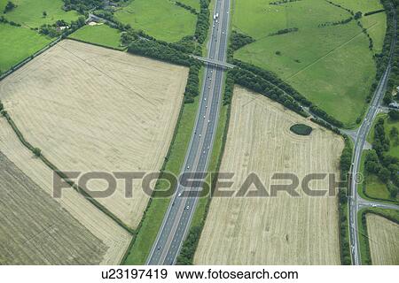 Stock Photo - Aerial view of rural fields and road. Fotosearch