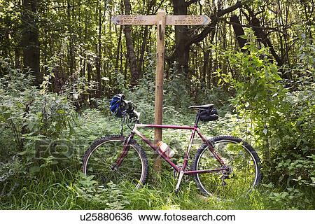 Stock Photograph - Bicycle leaning against forest road signs. Fotosearch