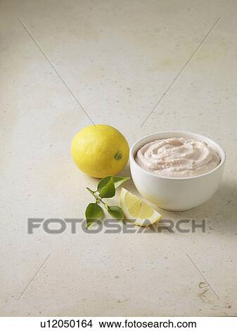 Bowl of taramasalata dip with lemon View Large Photo Image Picture - Bowl of taramasalata dip with lemon. Fotosearch