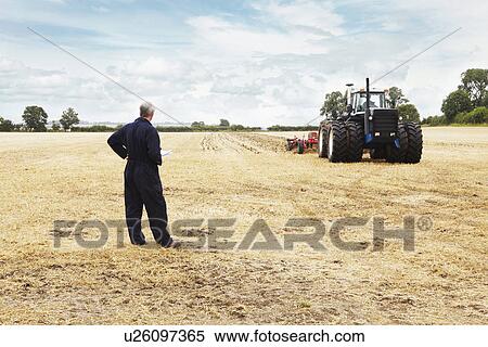 Farmer overlooking tractor in crop field View Large Photo Image Stock Photography - Farmer overlooking tractor in crop field. Fotosearch