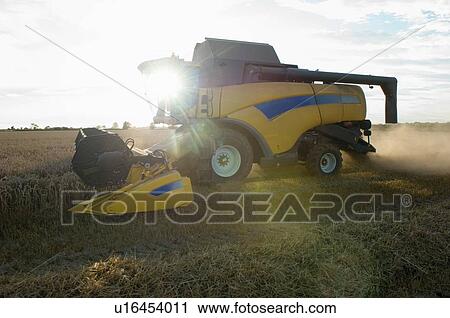 Harvester working in crop field View Large Photo Image Stock Image - Harvester working in crop field. Fotosearch