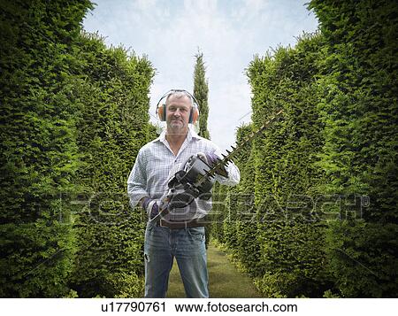 Man holding hedge trimmer in garden View Large Photo Image Stock Image - Man holding hedge trimmer in garden. Fotosearch
