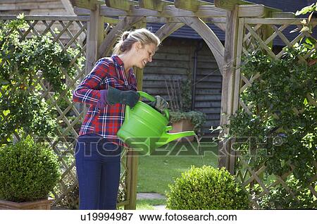Woman watering plants in garden View Large Photo Image Stock Photo - Woman watering plants in garden. Fotosearch