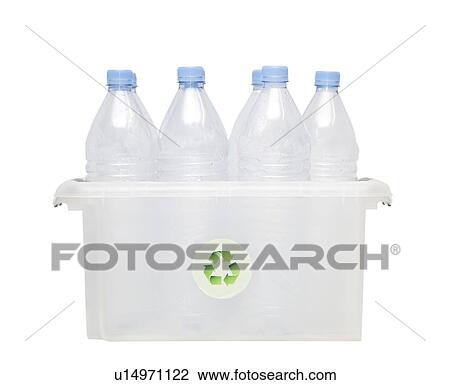 Stock Image - Group of plastic bottles in recycling bin over white background. Fotosearch