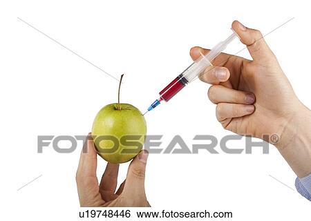 Stock Photograph - Man's hand injecting granny smith apple against white background. Fotosearch