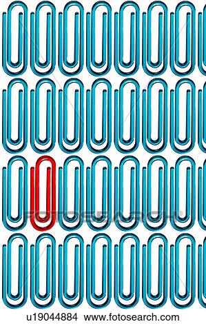 Picture - Red paper clip standing out from the crowd of blue paper clips over white background. Fotosearch