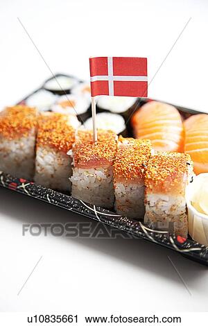 Sushi food on tray with Danish flag against white background View Large Photo Image Stock Image - Sushi food on tray with Danish flag against white background. Fotosearch