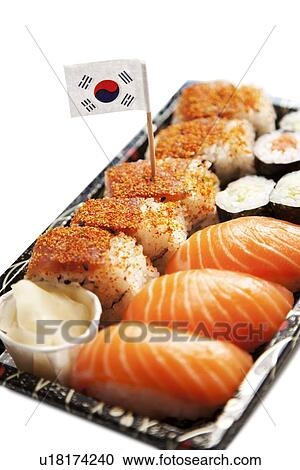 Stock Image - Sushi food on tray with Korean flag against white background. Fotosearch