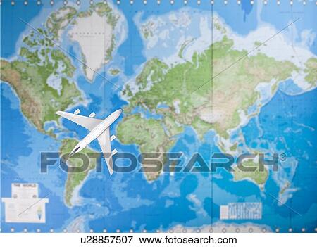 Stock Photo - Model aircraft flying over world map. Fotosearch