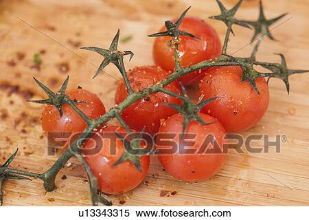 Cherry tomatoes on vine with spices View Large Photo Image Stock Photography - Cherry tomatoes on vine with spices. Fotosearch