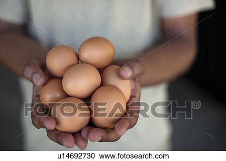 Stock Image - Close up of hands holding eggs. Fotosearch