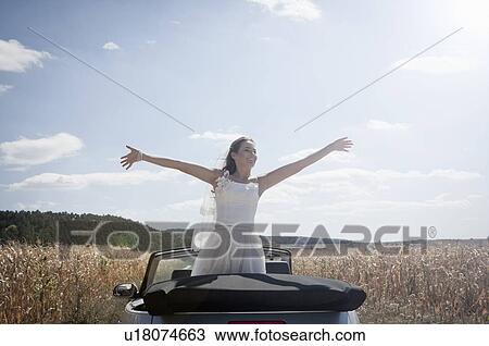 Newlywed bride standing in convertible View Large Photo Image Stock Image - Newlywed bride standing in convertible. Fotosearch