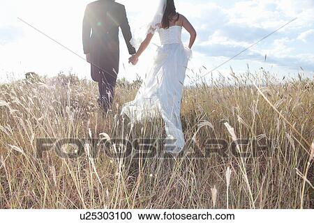 Newlywed couple holding hands in grass View Large Photo Image Stock Image - Newlywed couple holding hands in grass. Fotosearch