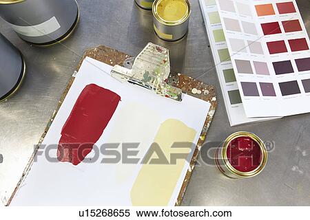 Stock Photography - Paint cans, swatches and clipboard. Fotosearch