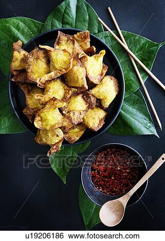 Plate of deep fried dumplings with sauce View Large Photo Image Stock Photograph - Plate of deep fried dumplings with sauce. Fotosearch
