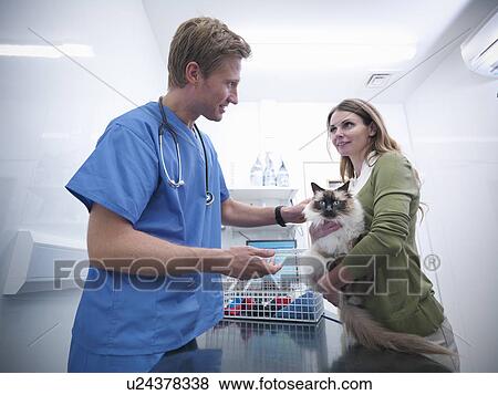 Stock Photo - Veterinarian petting cat with owner. Fotosearch